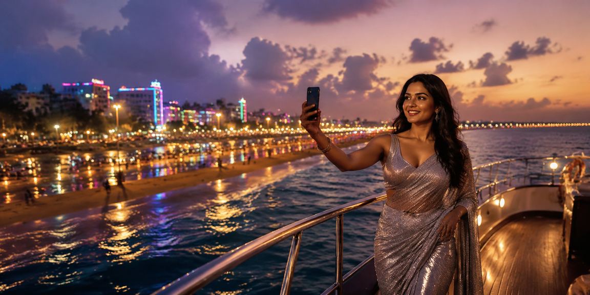 User logging into mobile casino at Chennai Marina Beach neon lights