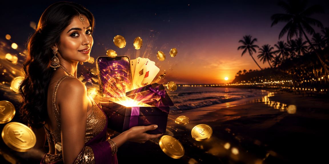 User checking lottery results on mobile app at Goa beach with rupee symbol